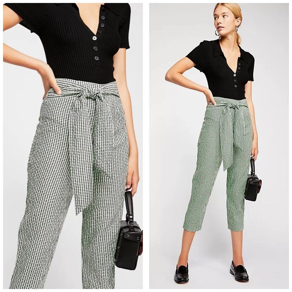 Free People West Side Tie Capri Pants Size 0 Green Gingham Retro Pinup Vintage